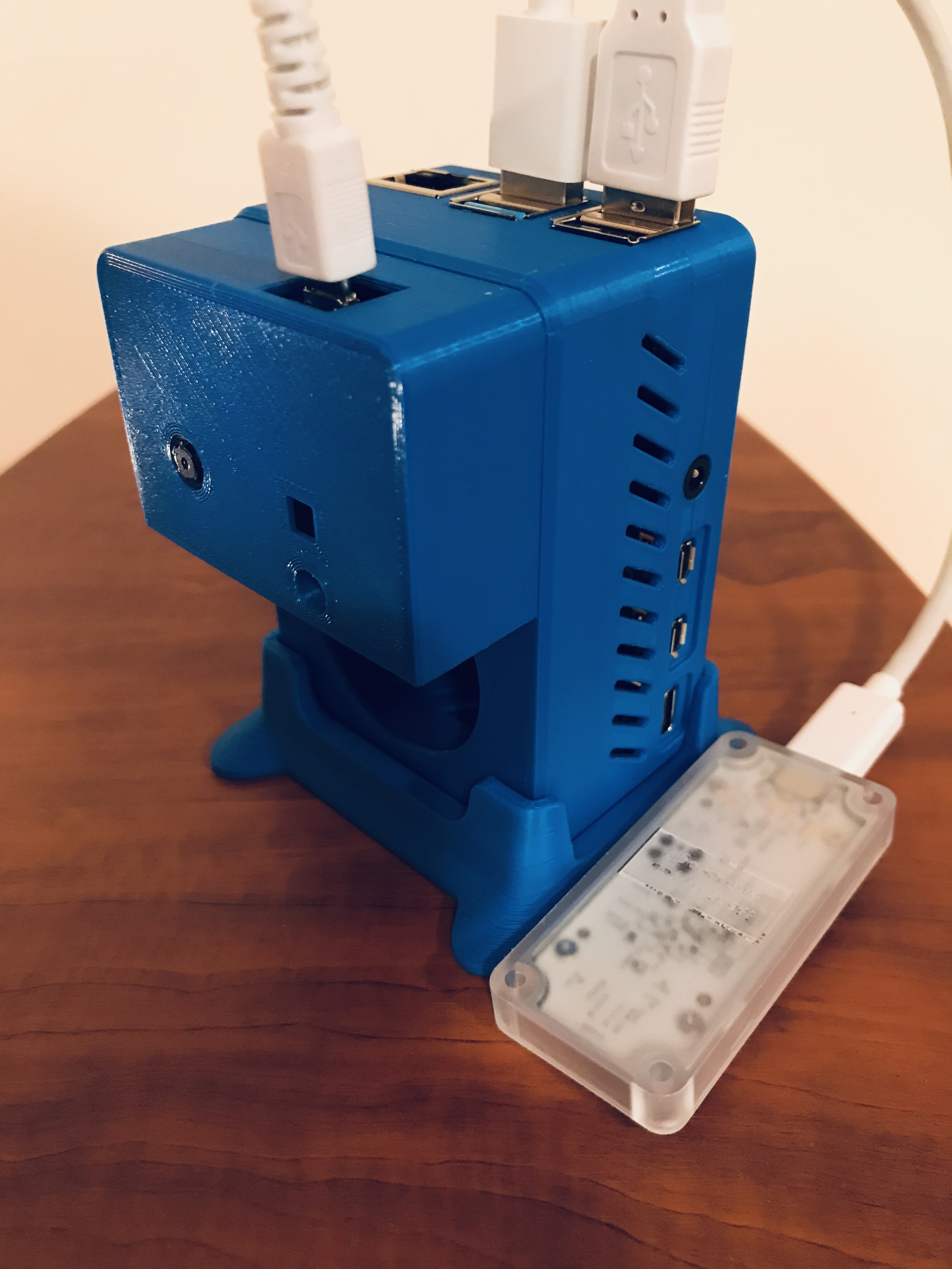 The Smart Camera prototype in its 3D printed box with the Google Coral Edge TPU